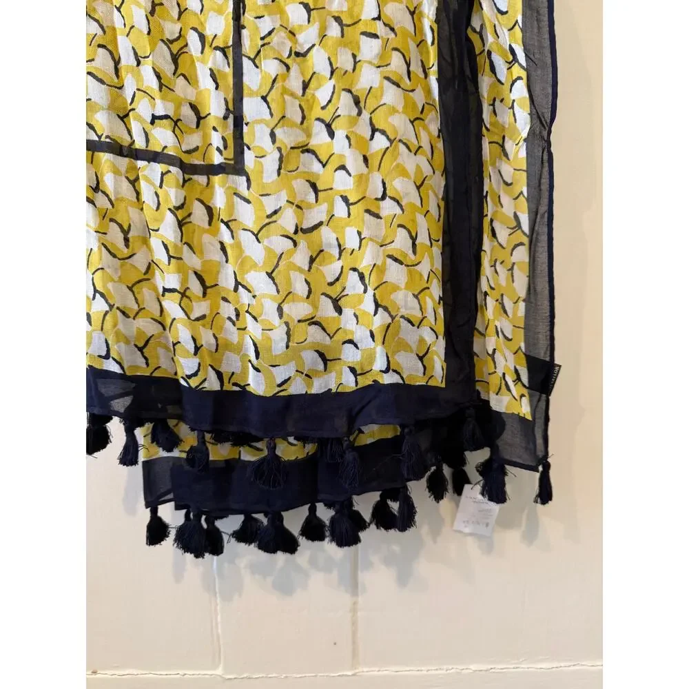Ann Taylor Soft Travel Scarf Yellow Navy Blue Print Tassel Detail